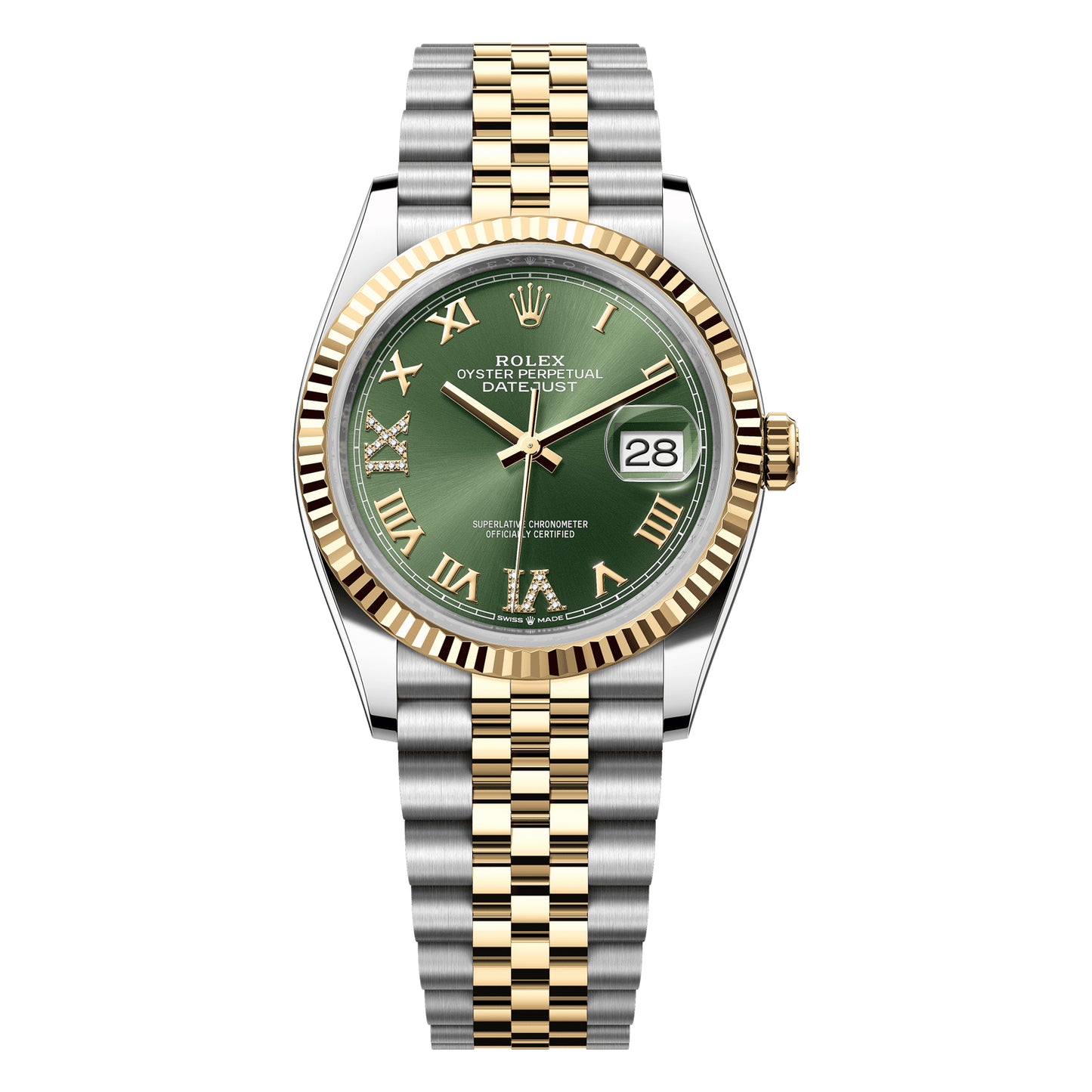 Rolex Datejust 36mm 126233-0025 Yellow Gold, Olive Green Roman with VI and IX Diamonds Dial, Worn 2025