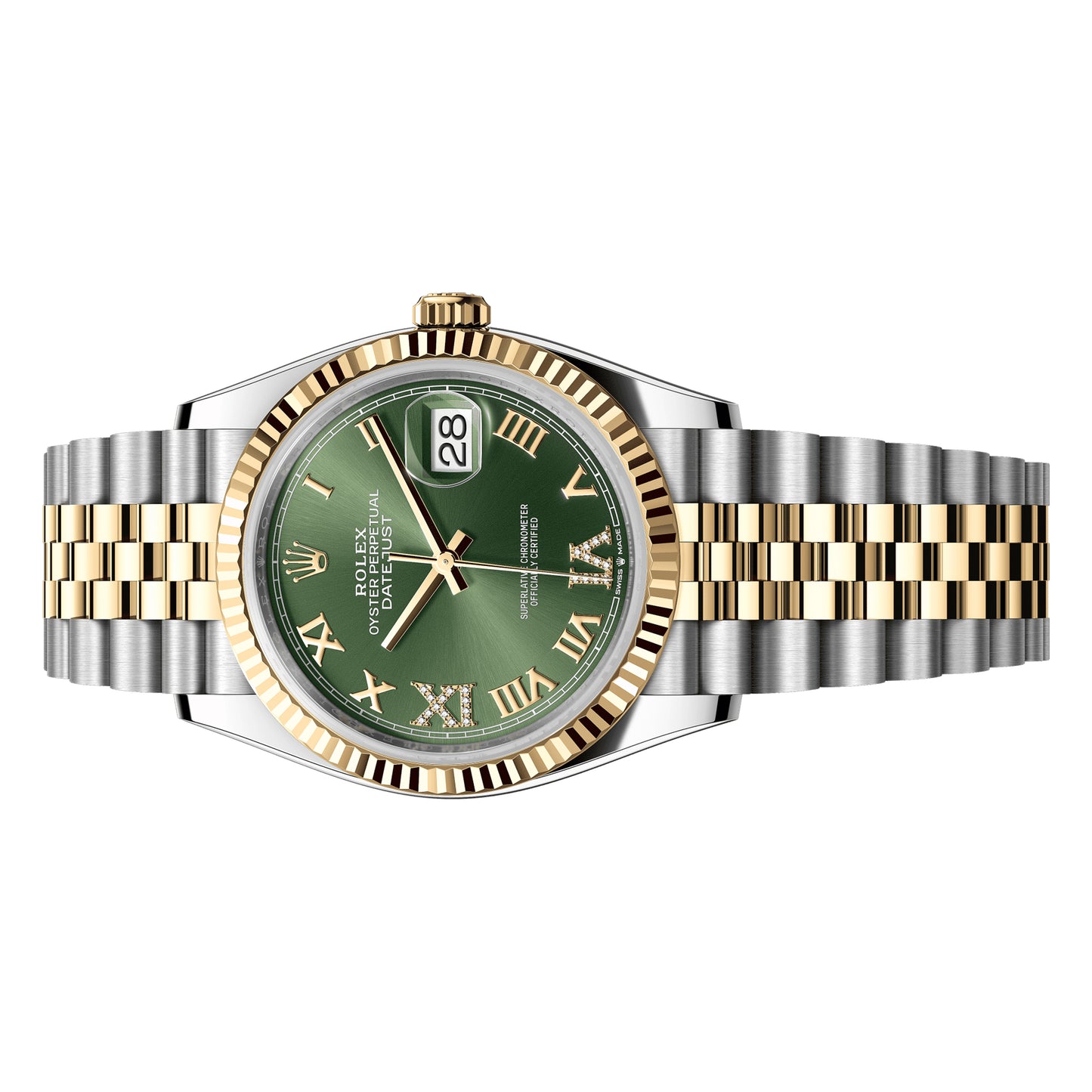 Rolex Datejust 36mm 126233-0025 Yellow Gold, Olive Green Roman with VI and IX Diamonds Dial, Worn 2025