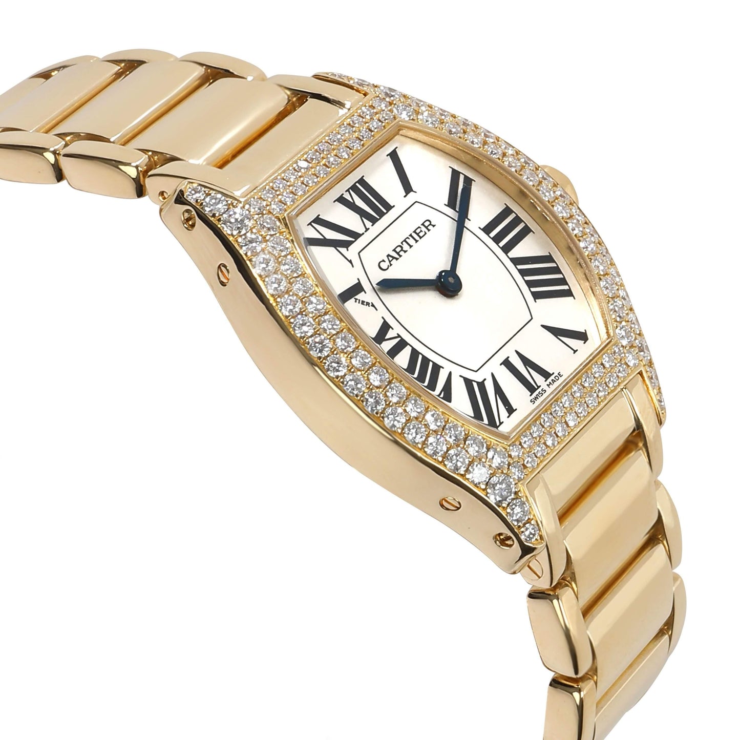 Cartier Silver Diamonds 18K Yellow Gold Tortue 2643 Worn Women's Wristwatch 28mm