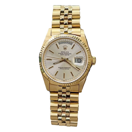Rolex Day-Date 36mm 18038 Full Yellow Gold, Silver Index Dial, Jubilee Bracelet, Worn