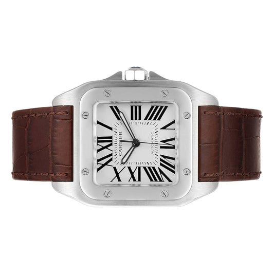 Cartier Santos 100 38mm W20073X8 White Roman Dial, Dark Brown Leather Strap, Worn